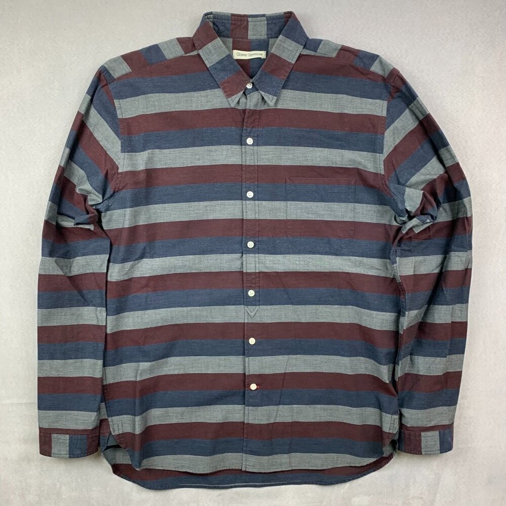 Oliver Spencer Men Shirt Large 16/41 Blue Red Striped Button Up Long Sleeve Gray